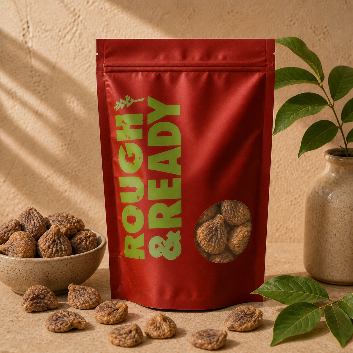 Organic Dried Figs in a Rough & Ready pouch with a ceramic bowl of figs