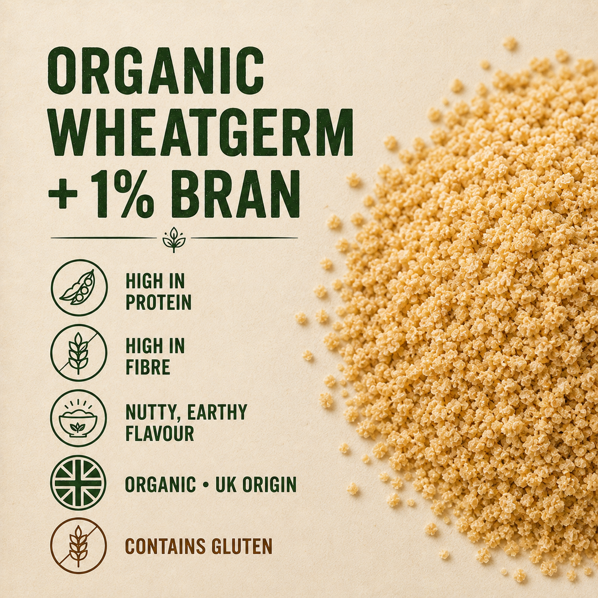Organic Wheatgerm and 1% Bran benefits infographic including high protein, high fibre, UK origin and contains gluten