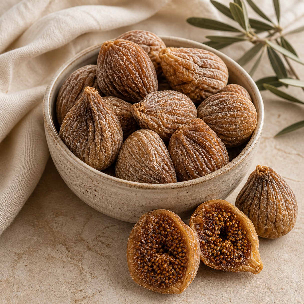 Whole and halved Organic Dried Figs served in a ceramic bowl