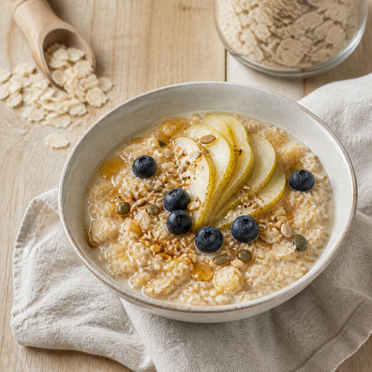 Creamy Organic Brown Rice Flakes porridge with pear, blueberries, seeds and maple drizzle