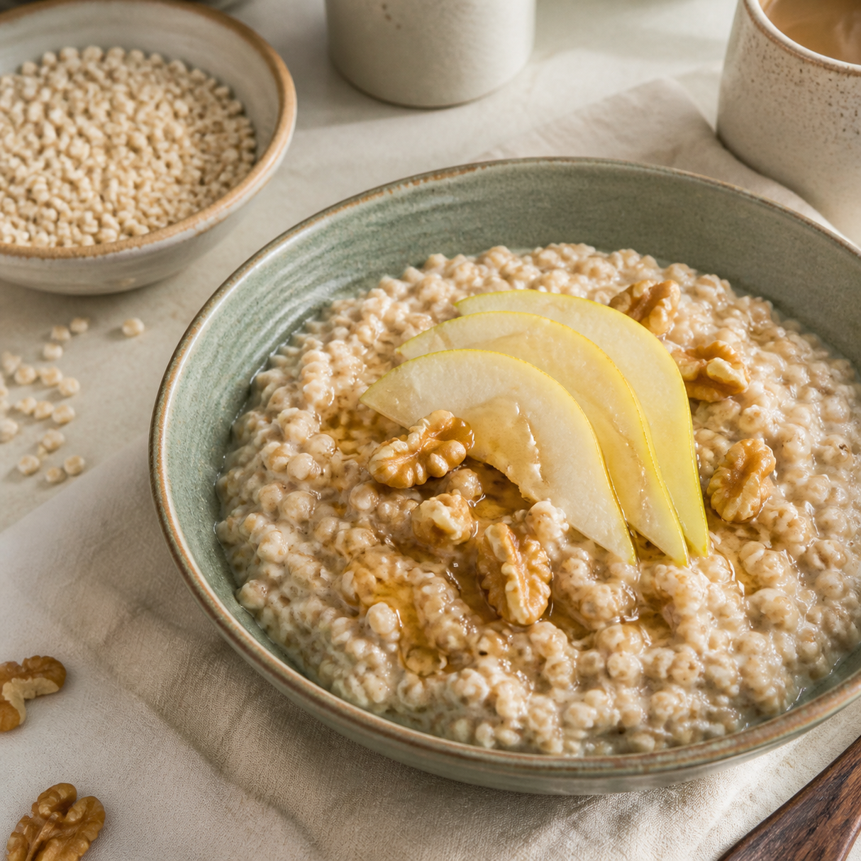 Coarse Organic Pinhead Oat porridge with pear and walnuts