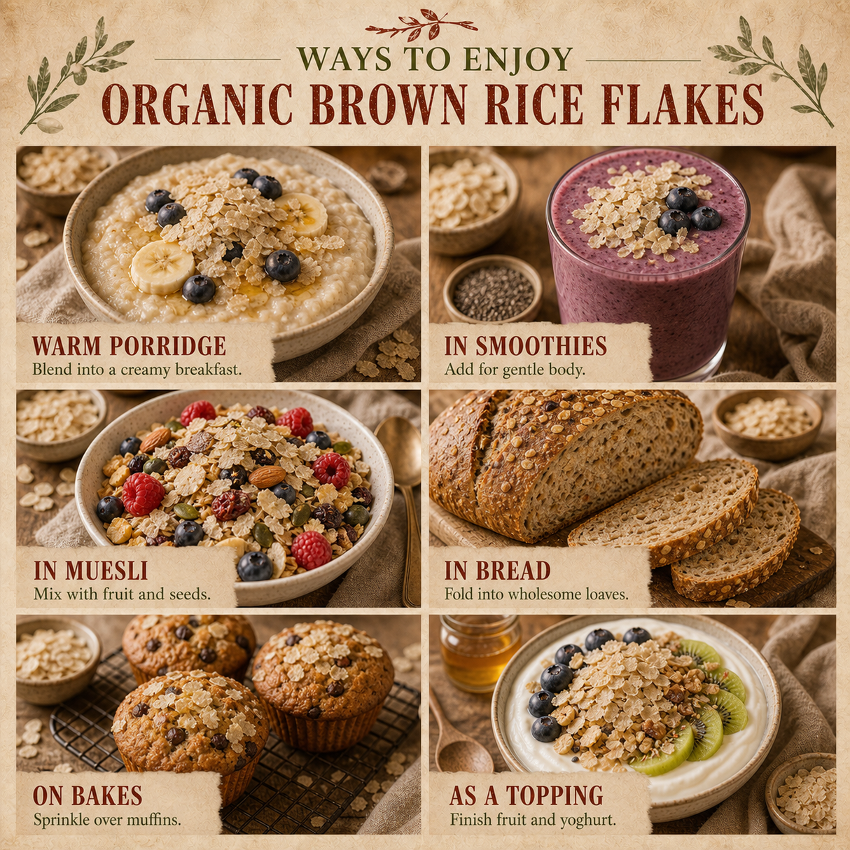 Ways to enjoy Organic Brown Rice Flakes — porridge, smoothies, muesli, bread, bakes and yoghurt topping
