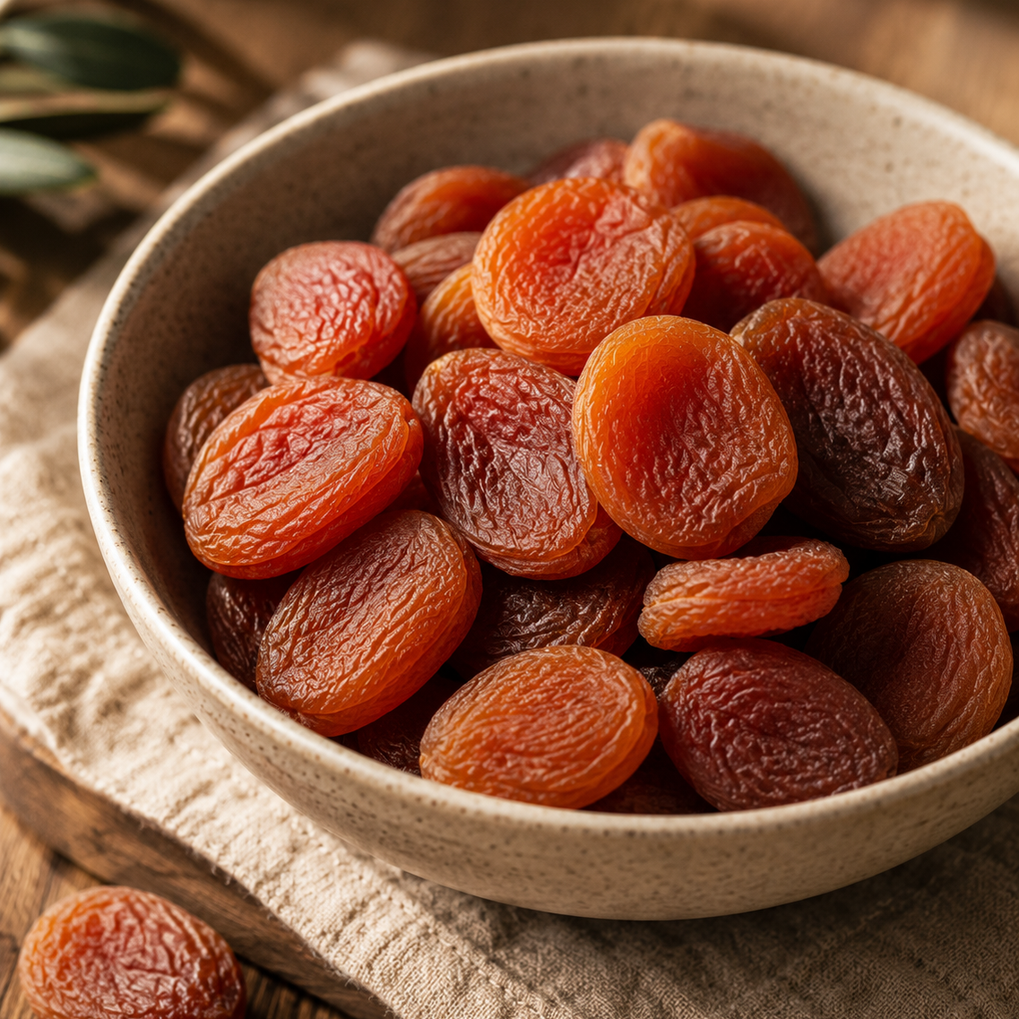 Bowl of dried apricots on a wooden surface with a leafy branch in the background