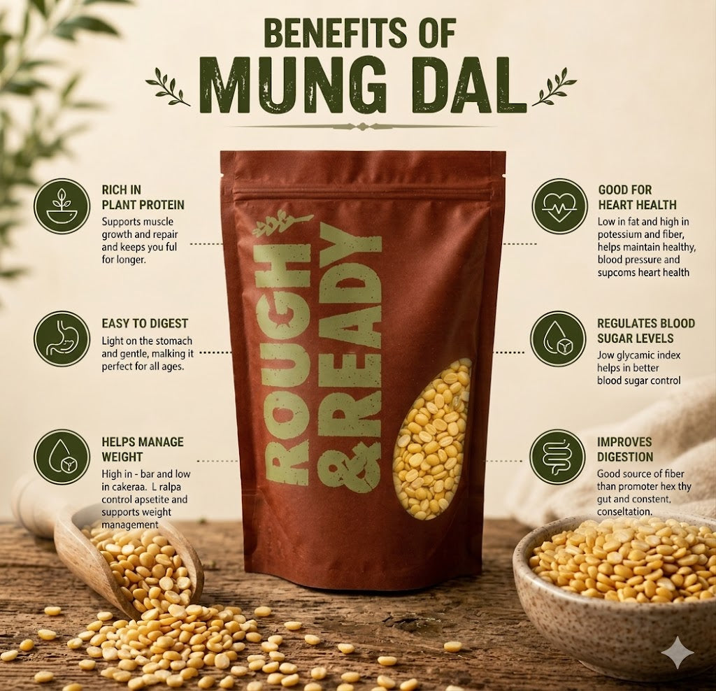 Bag of mung dal with health benefits listed on a wooden surface