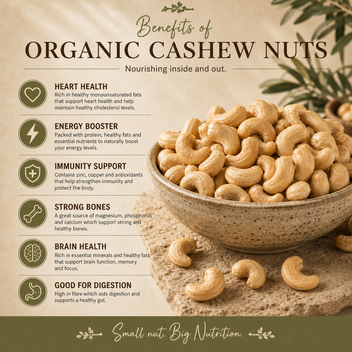 Bowl of organic cashew nuts with health benefits listed on a natural background