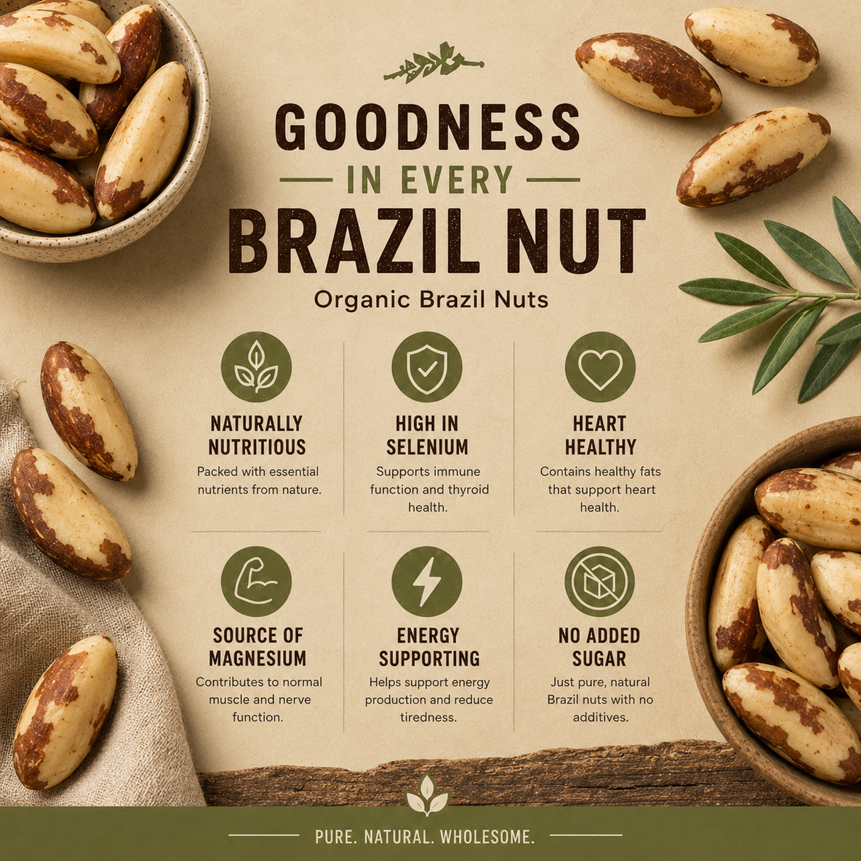 Advertisement for organic Brazil nuts with health benefits and branding elements.