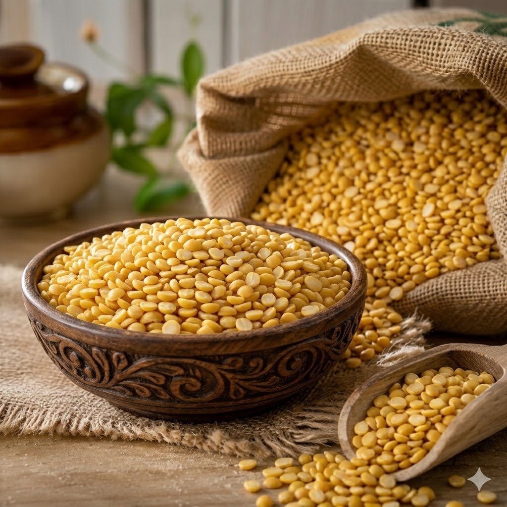 Yellow lentils in a wooden bowl and scoop on a rustic surface with a sack in the background.