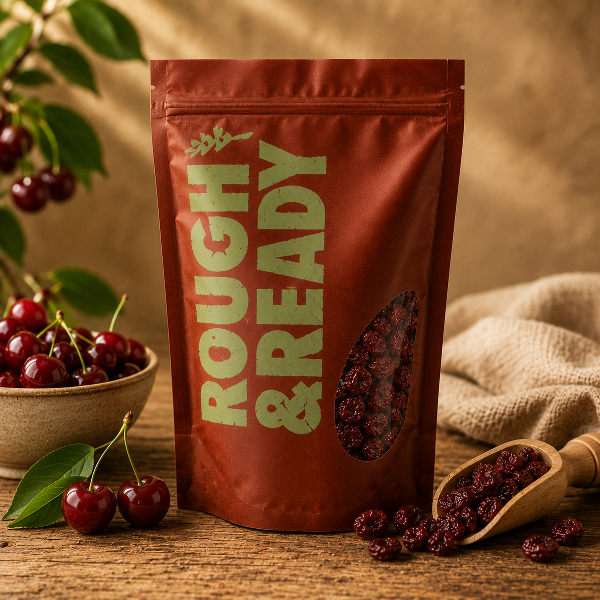 Red package labeled 'Rough & Ready' with dried berries, cherries, and a wooden scoop on a wooden surface.
