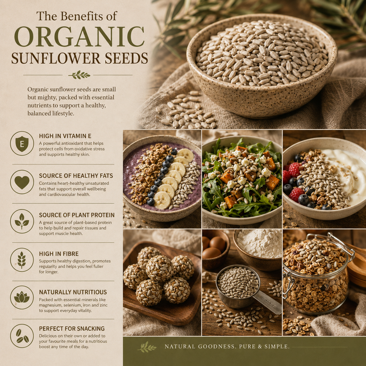 Promotional image about the benefits of organic sunflower seeds with text and images of seeds and dishes.