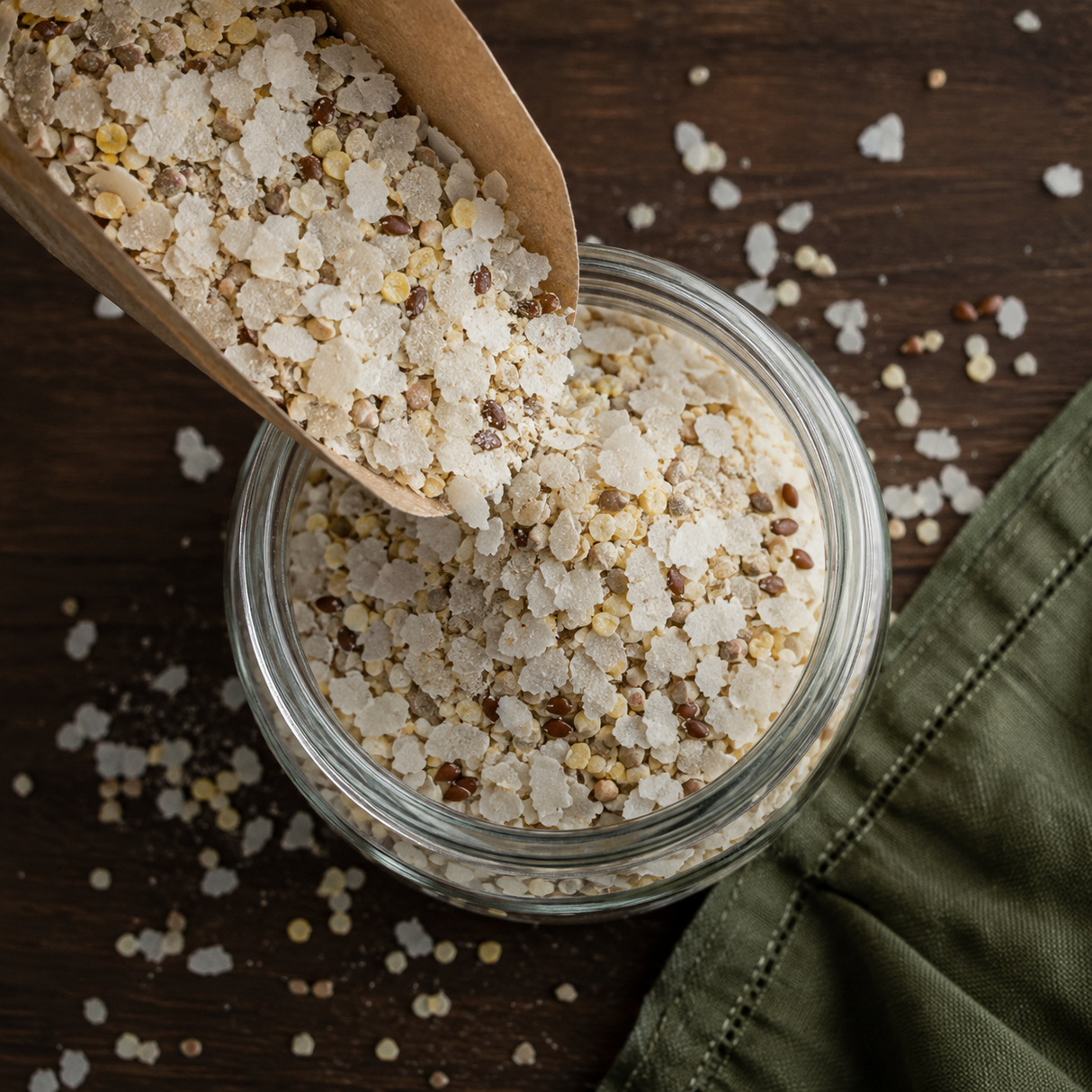 Alara oat-free porridge blend pouring into a pantry jar