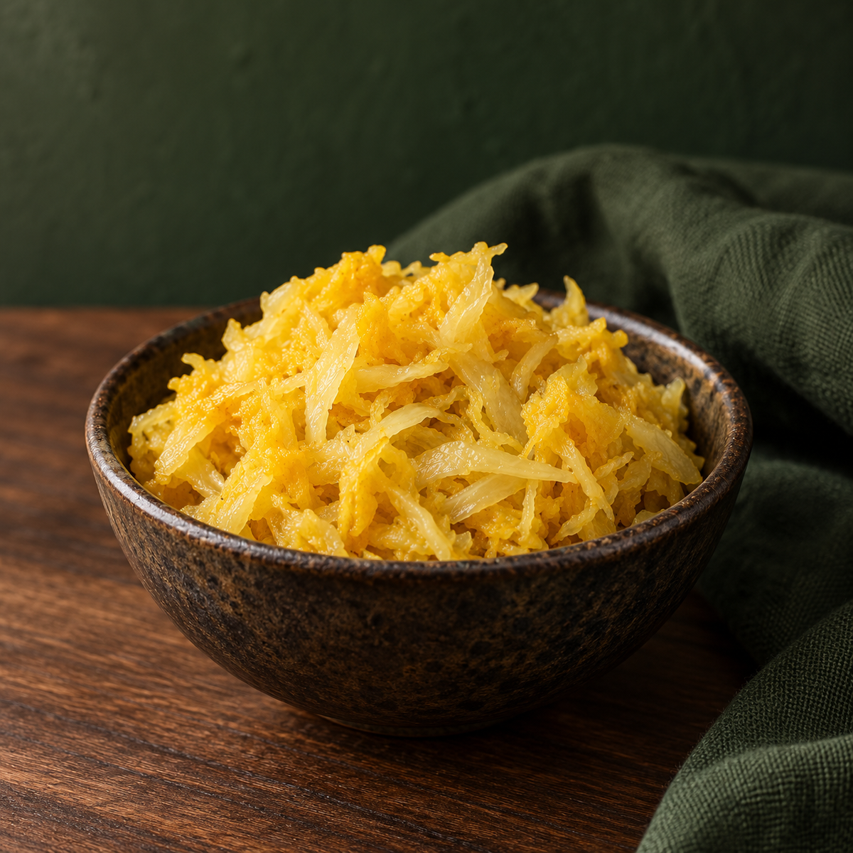 Golden turmeric sauerkraut in a dark ceramic bowl