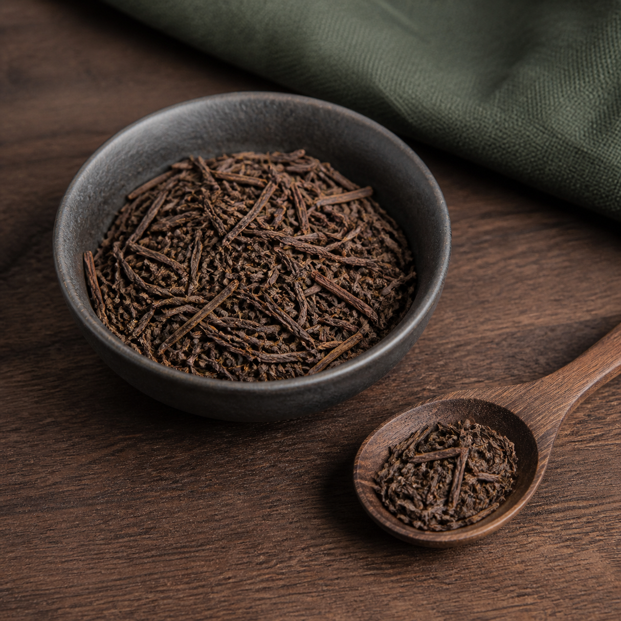 Roasted Hojicha tea leaves in a dark ceramic bowl and wooden spoon