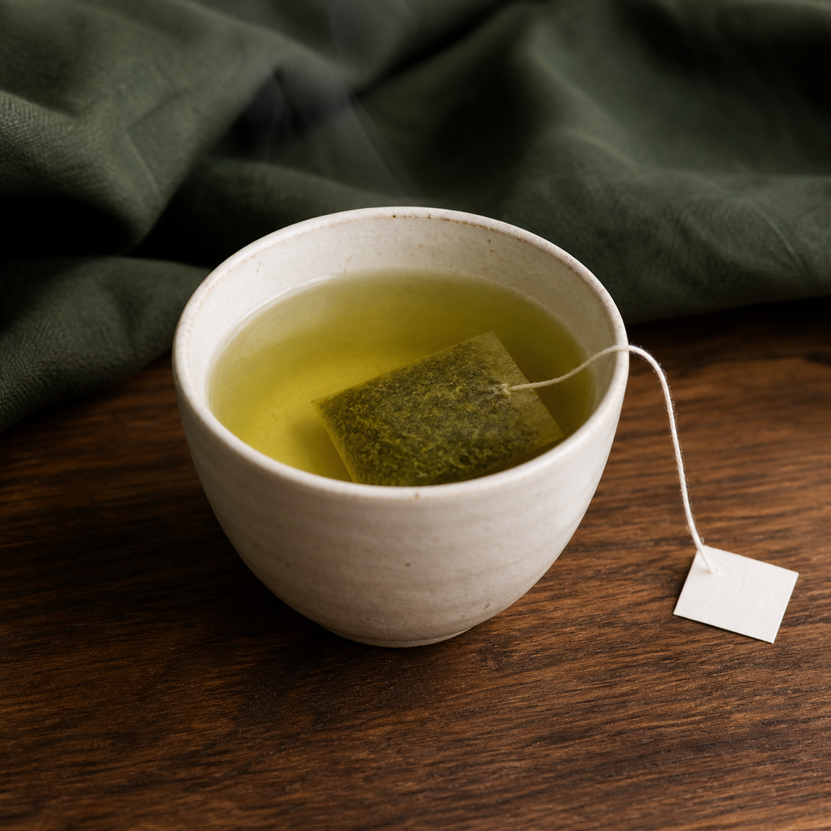 Brewed organic Sencha green tea with tea bag