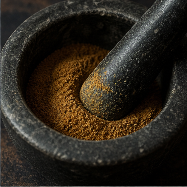 Organic ground cumin in mortar and pestle
