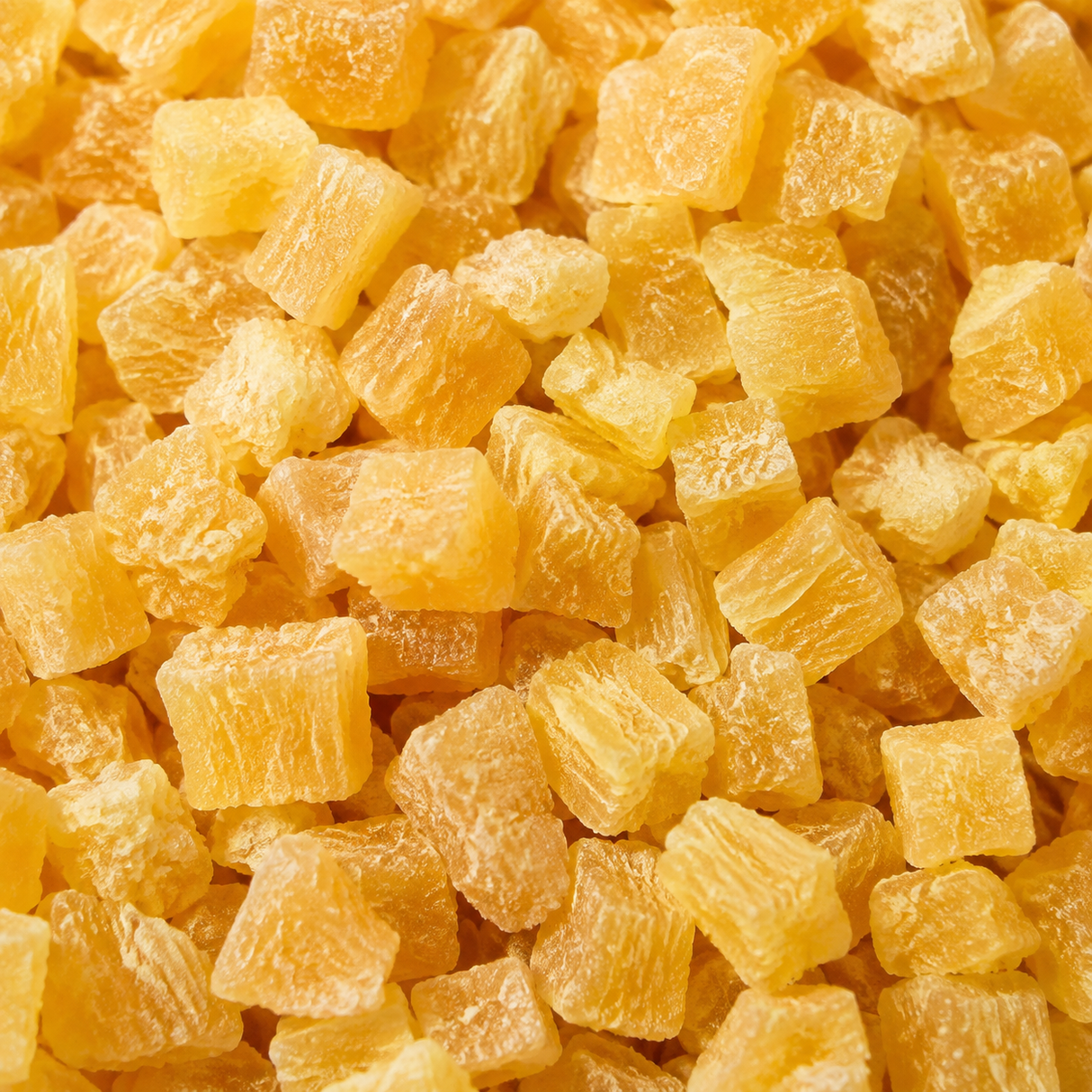 Dried Pineapple Cubes – extreme close-up product hero