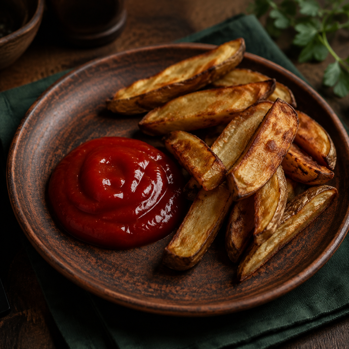 Tomato ketchup served with chips