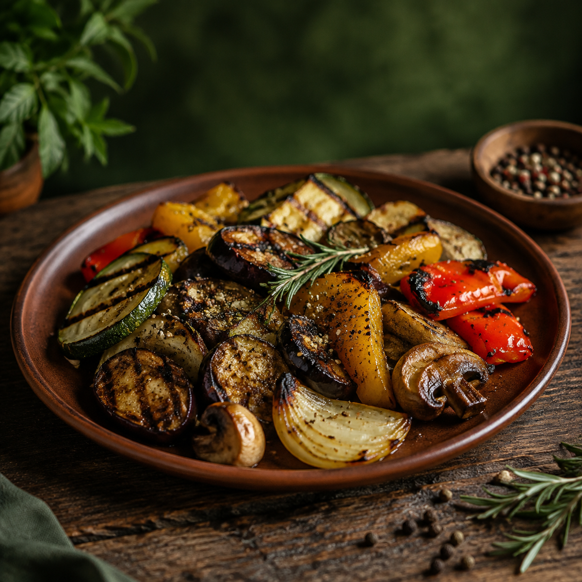Grilled vegetables seasoned with mixed peppercorns