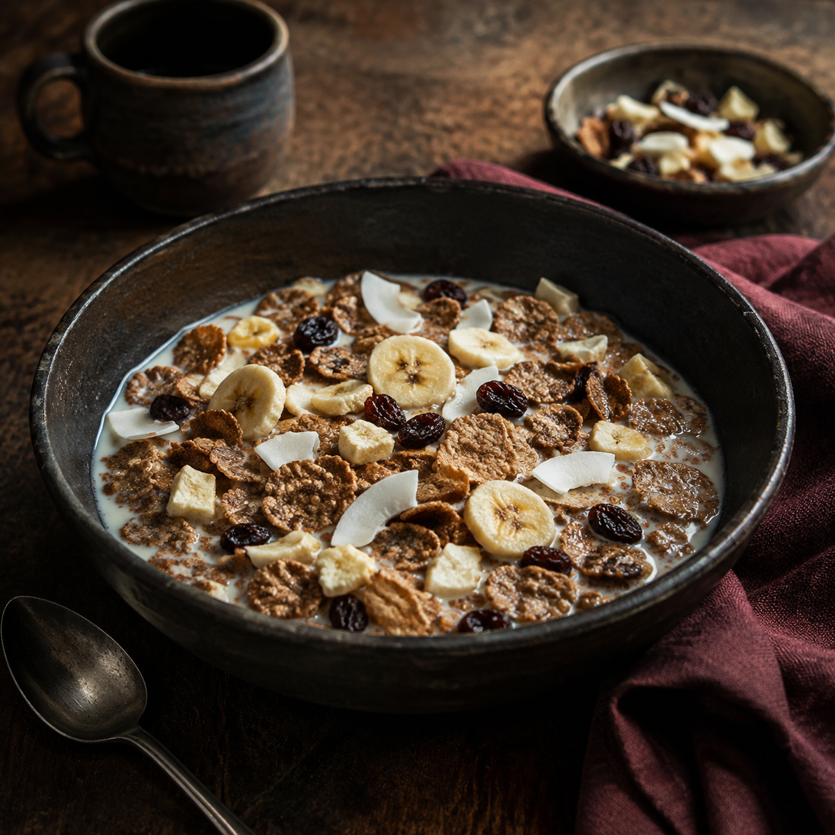 Fruit and fibre flakes served with milk