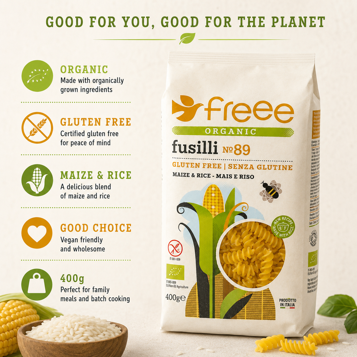 Freee Organic Gluten Free Maize & Rice Fusilli 400g product benefits