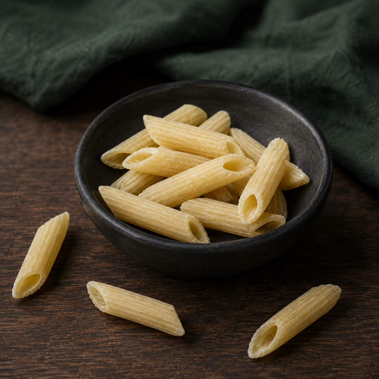 Dry organic maize and rice penne in a dark bowl