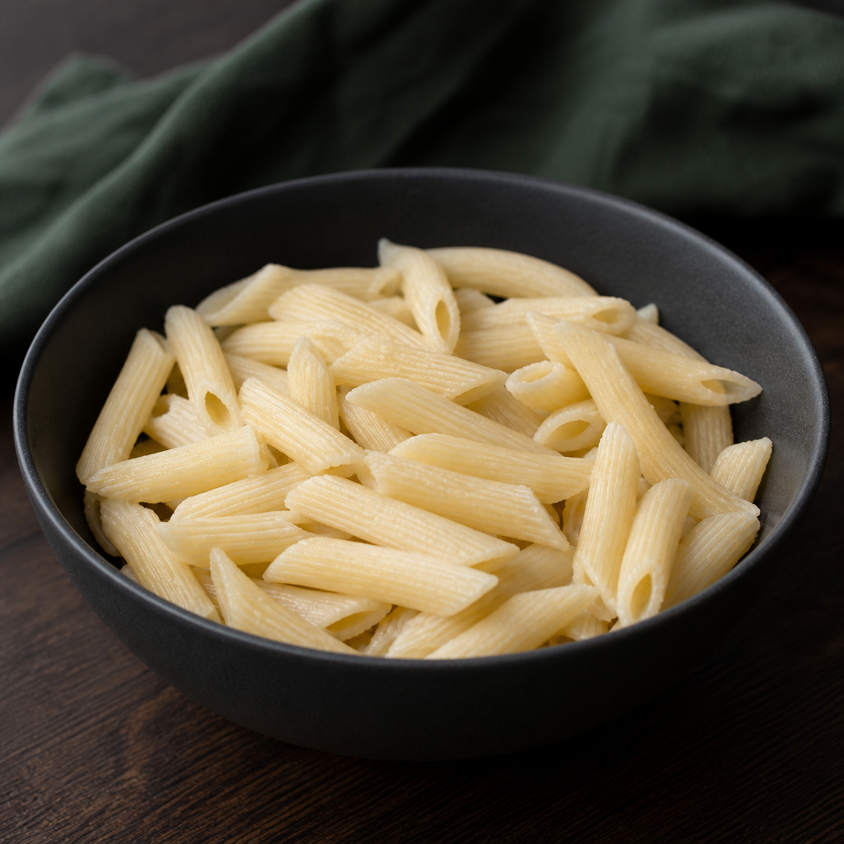 Cooked organic maize and rice penne in a dark bowl
