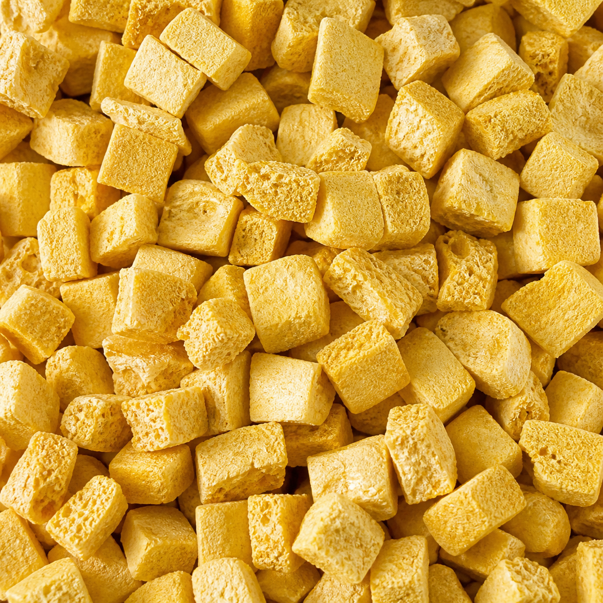 Extreme close-up of freeze-dried passion fruit cubes