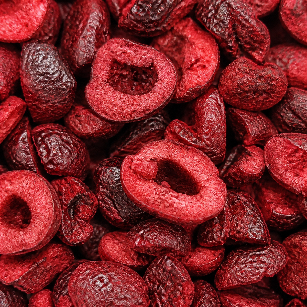 Extreme close-up of Freeze Dried Sour Sliced Cherries