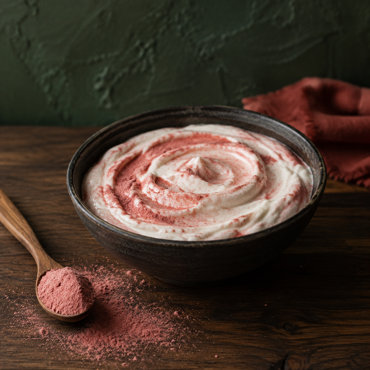 Freeze dried strawberry powder yogurt serving