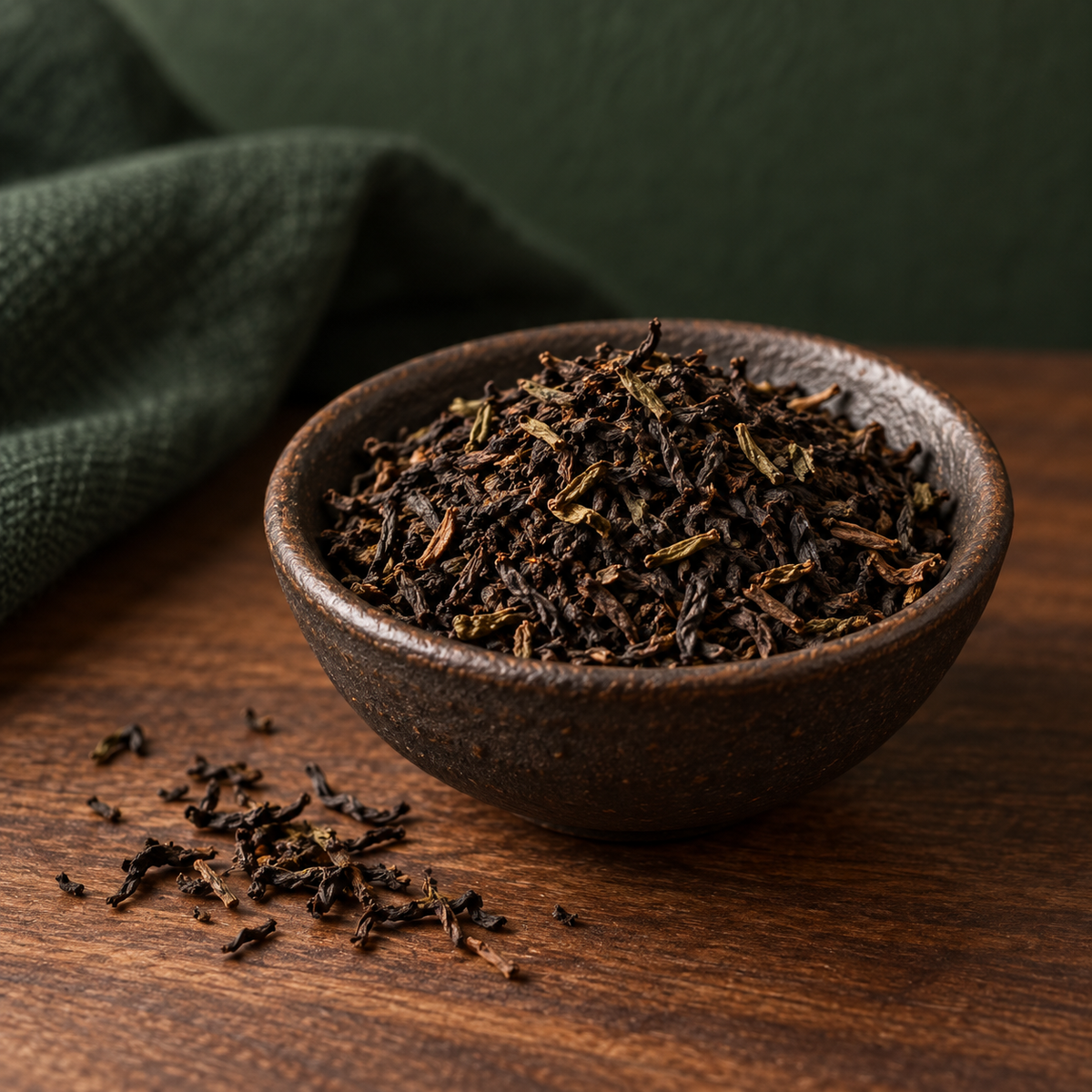 Darjeeling black tea leaves in a dark ceramic bowl