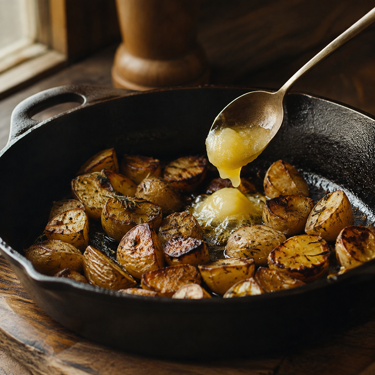 Cooking roast potatoes with organic ghee