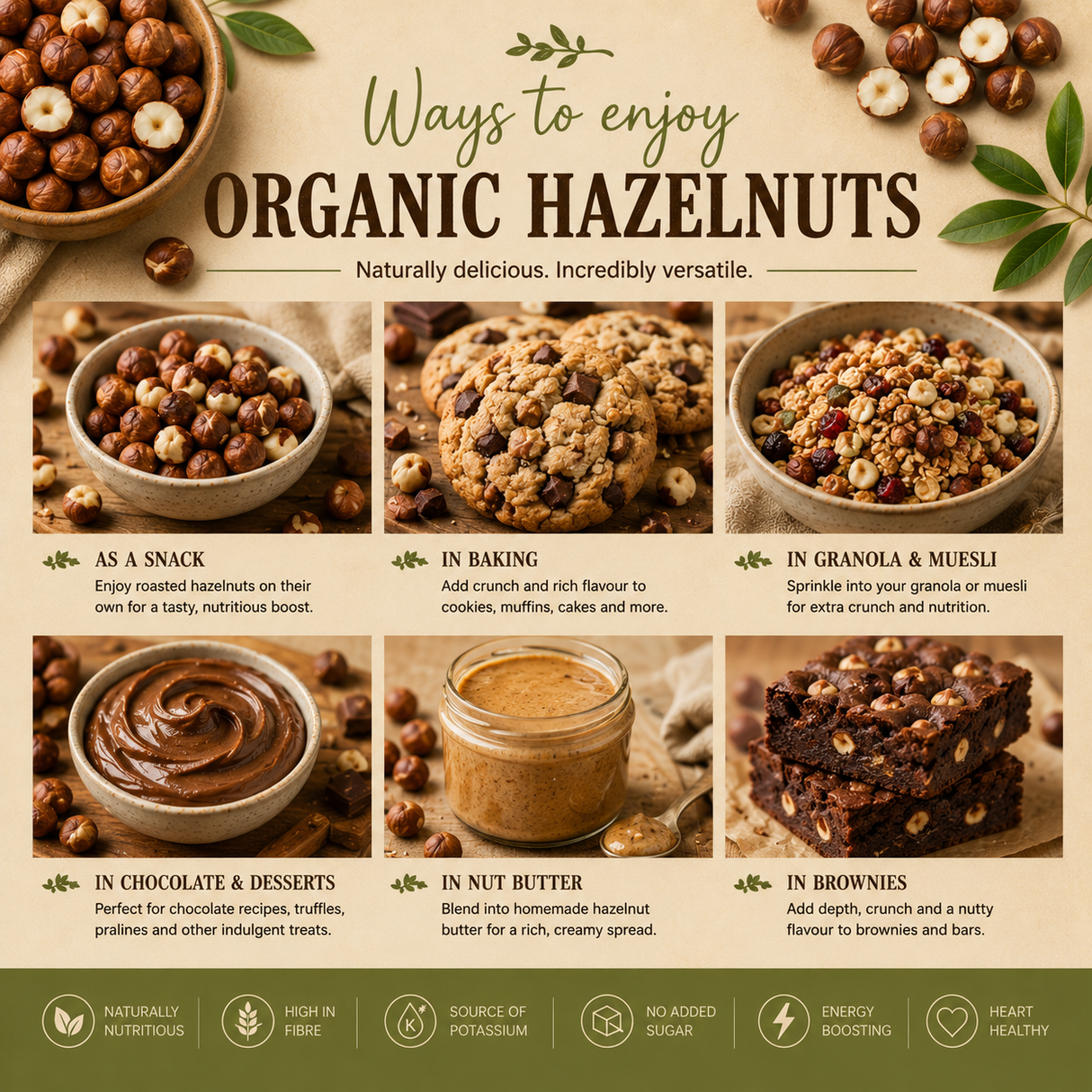 Infographic on ways to enjoy organic hazelnuts with images and text.