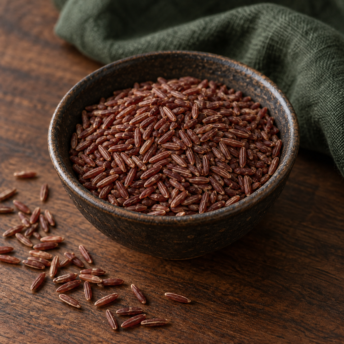 Infinity Foods Organic Camargue Red Rice in a dark ceramic bowl