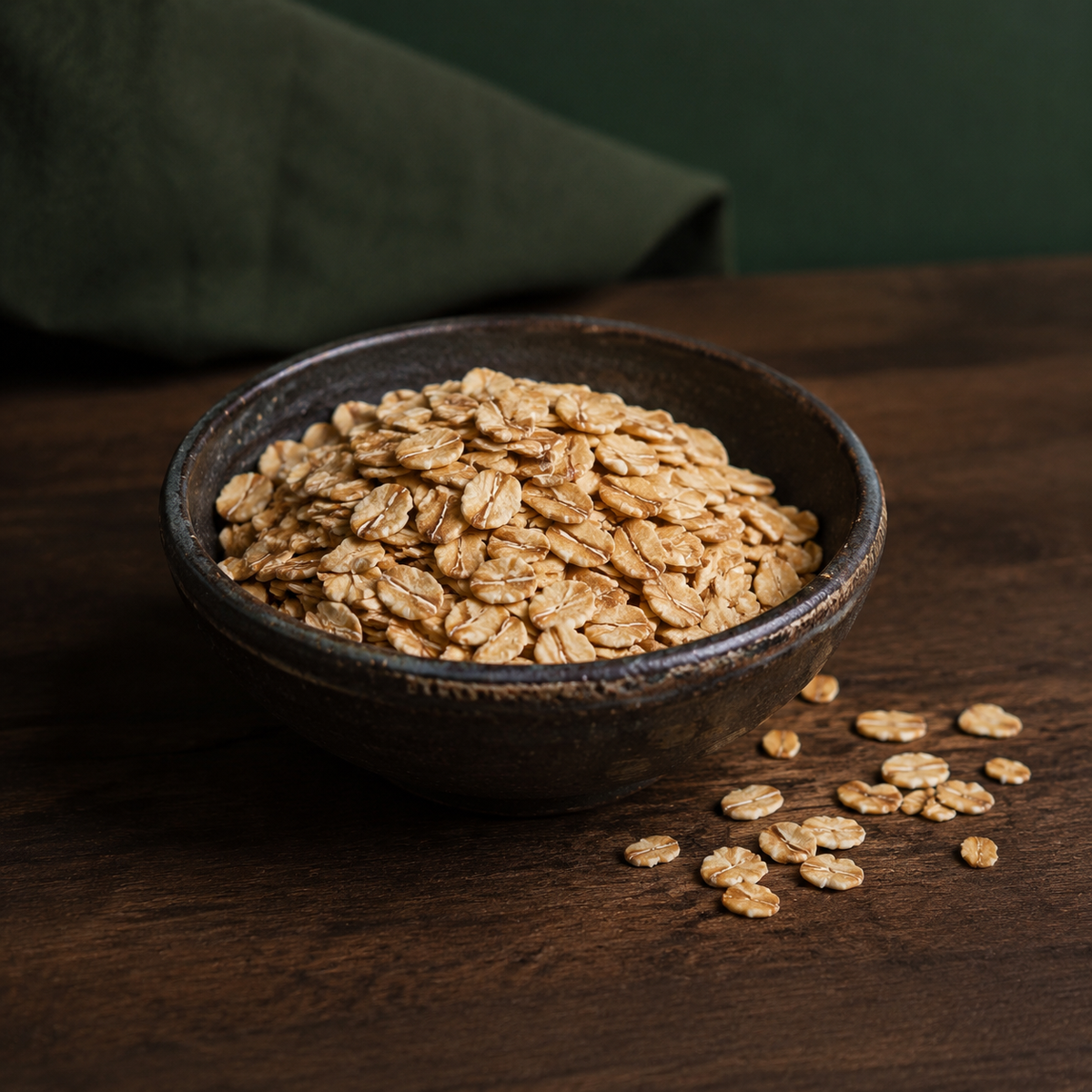 Infinity Foods Organic Muesli Base cereal flakes in a dark ceramic bowl