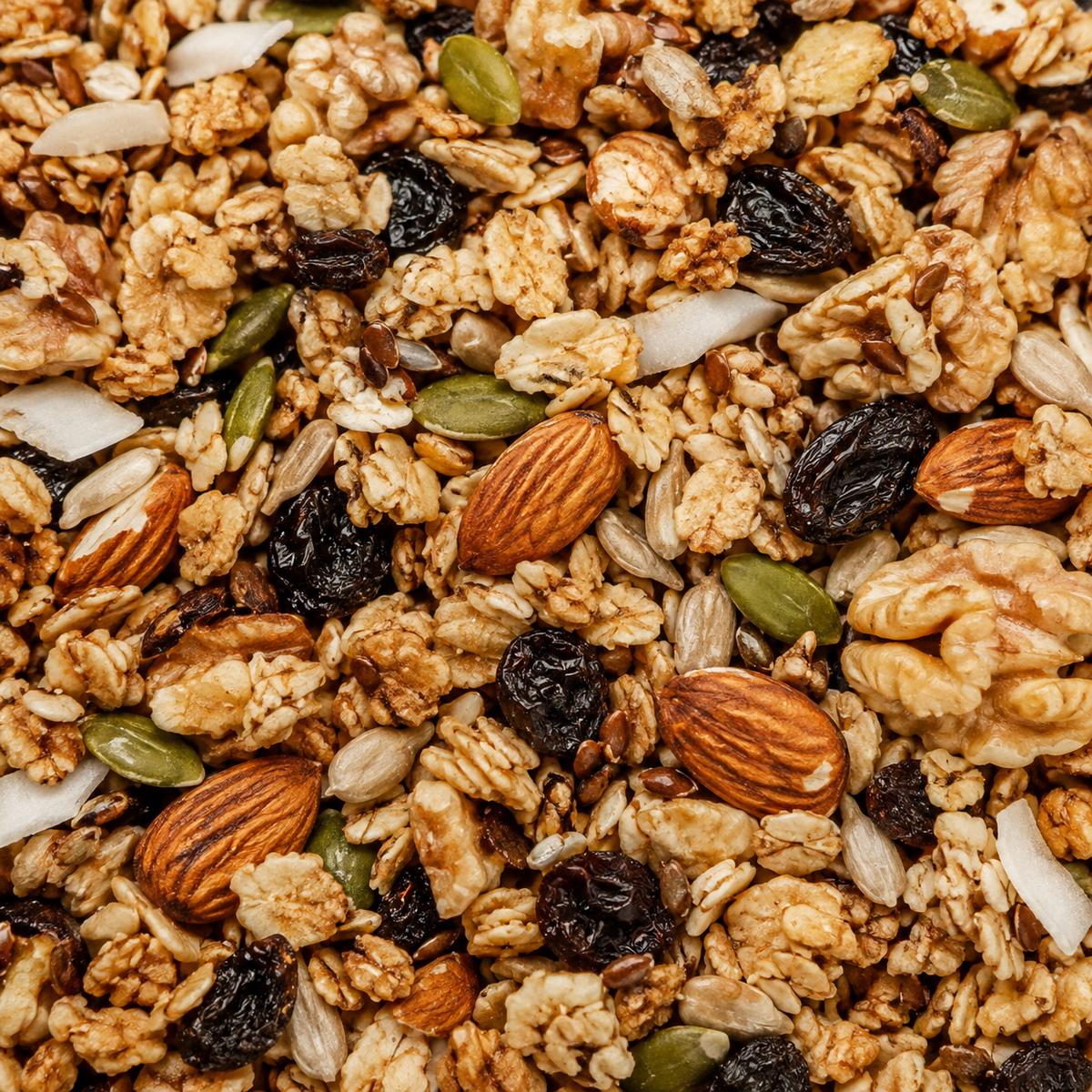 Extreme close-up of organic gluten free muesli