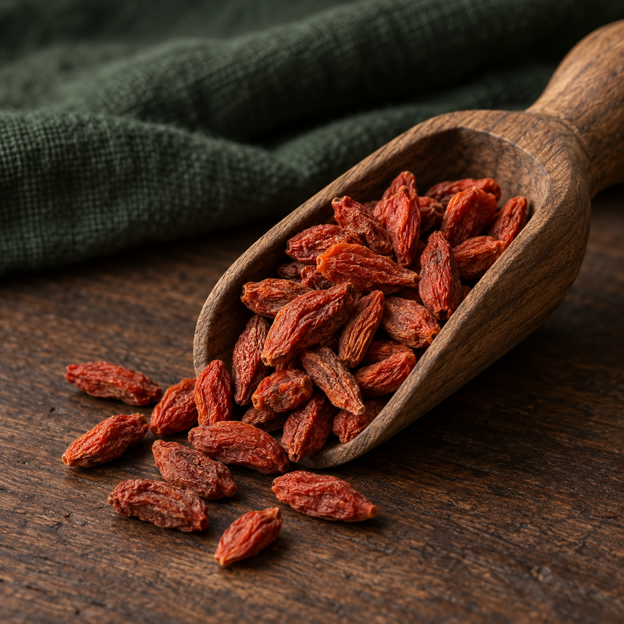 Dried goji berries in a walnut scoop