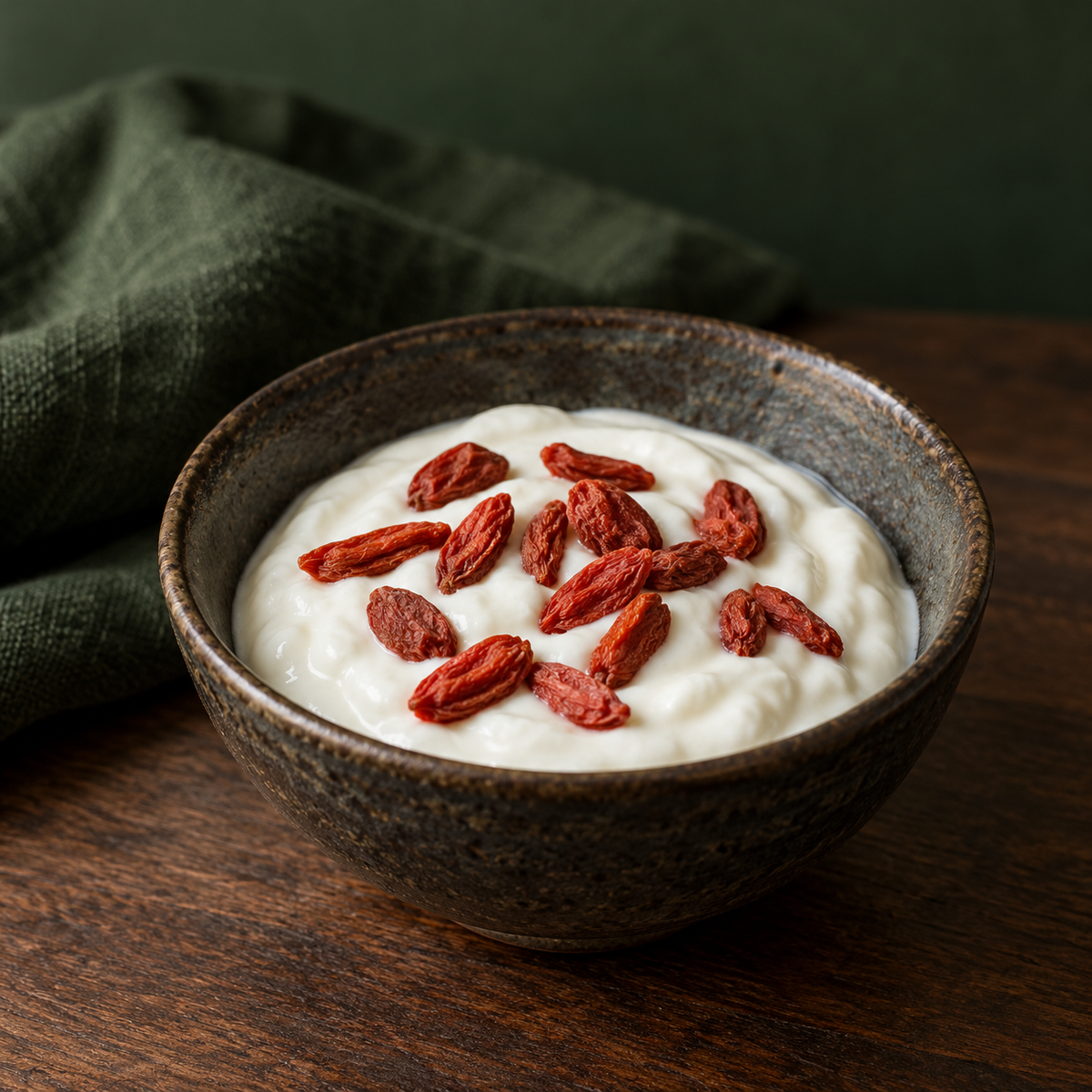 Dried goji berries served with yoghurt