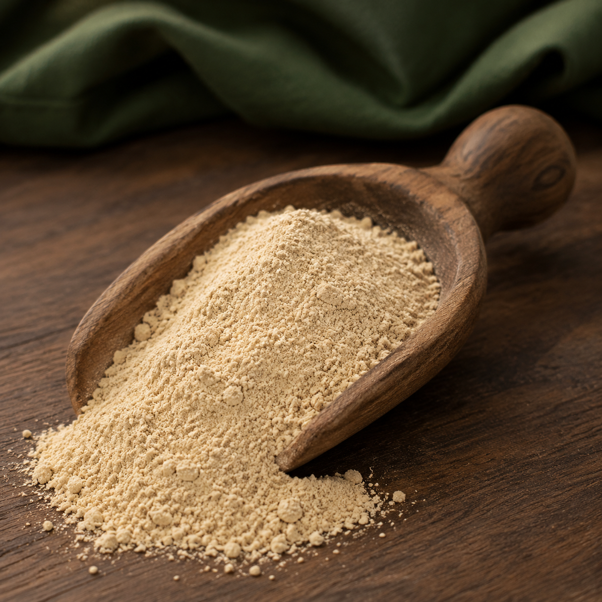 Organic ground ginger in a walnut scoop