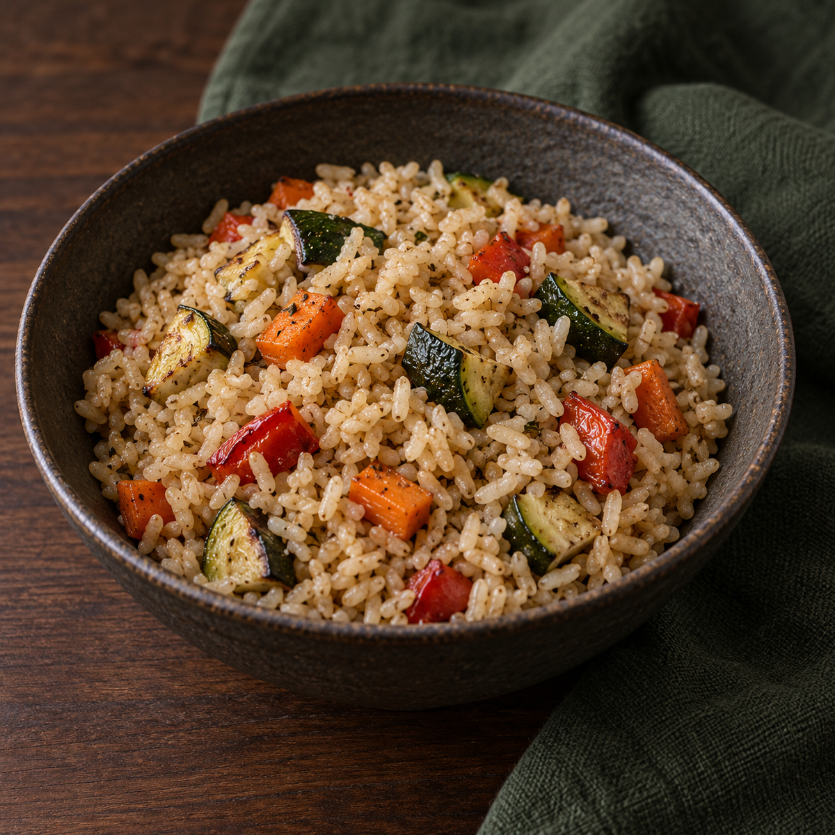 Infinity Foods Organic Brown Rice long grain serving with vegetables
