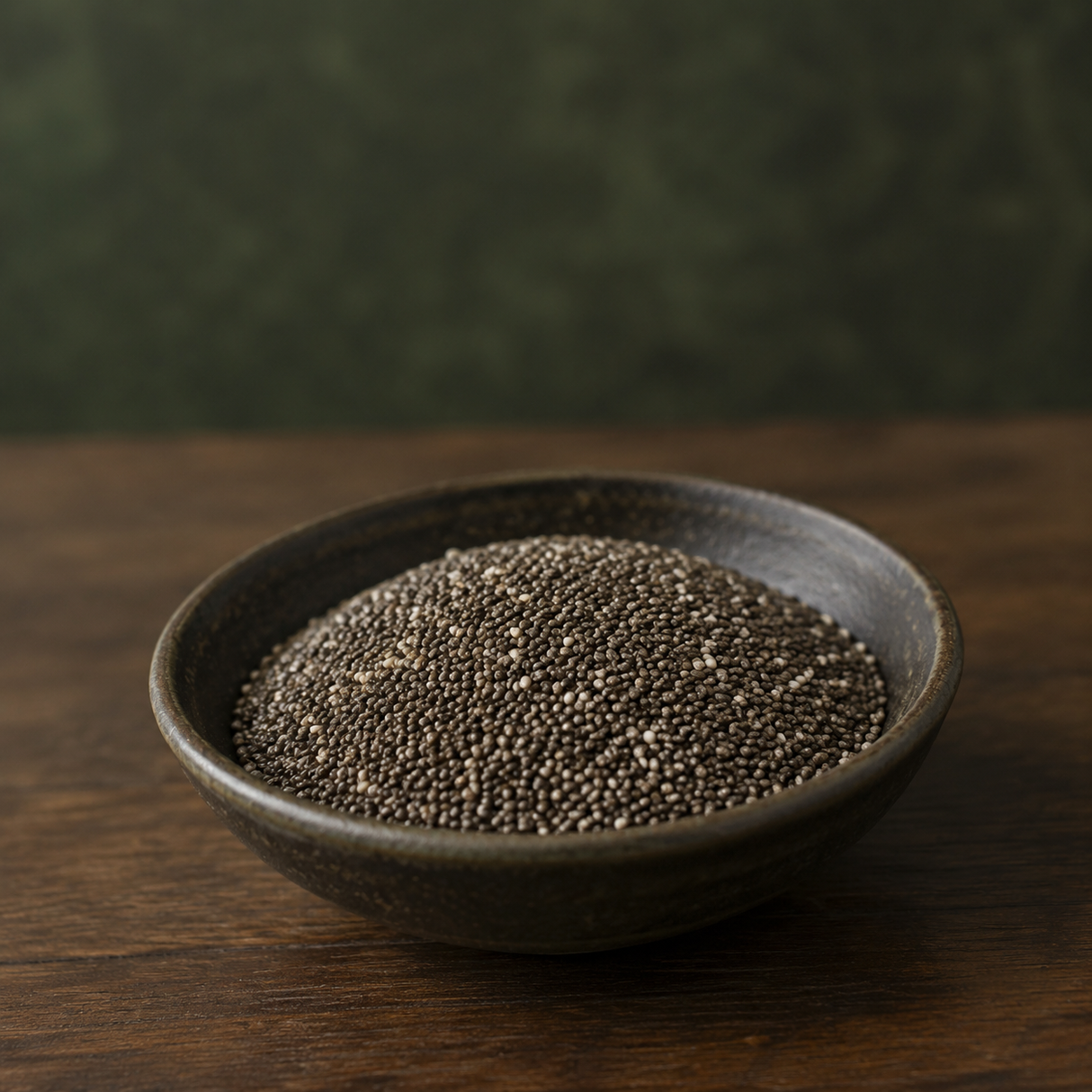 Chia seeds in a small dark ceramic bowl