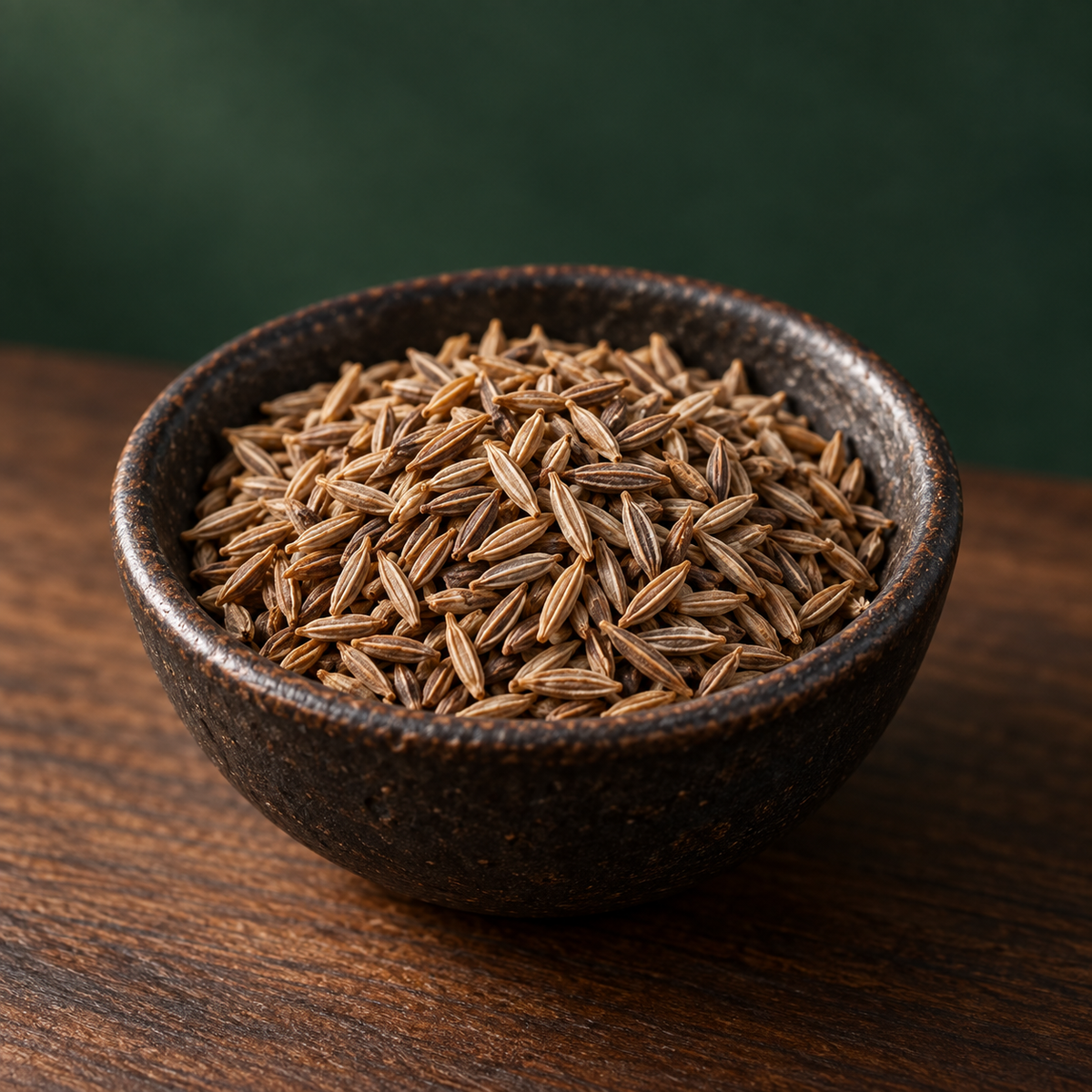 Organic cumin seeds in a dark bowl