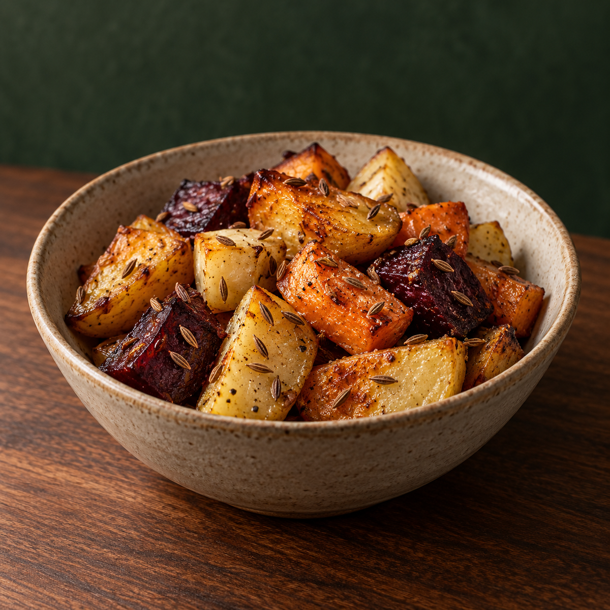 Roasted vegetables with organic cumin seeds