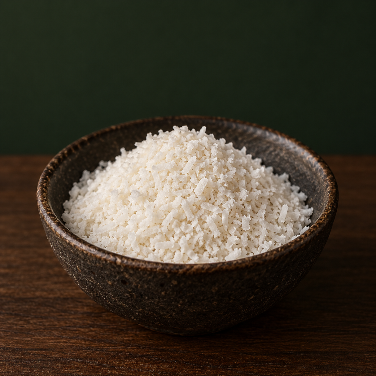 Infinity Organic Desiccated Coconut in a dark ceramic bowl