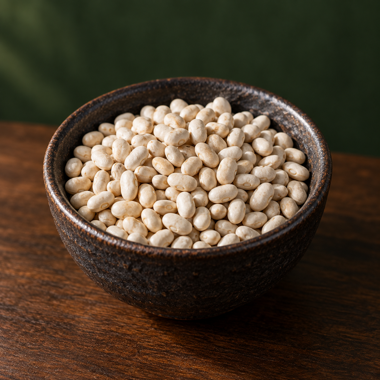 Dry organic haricot beans in a dark bowl