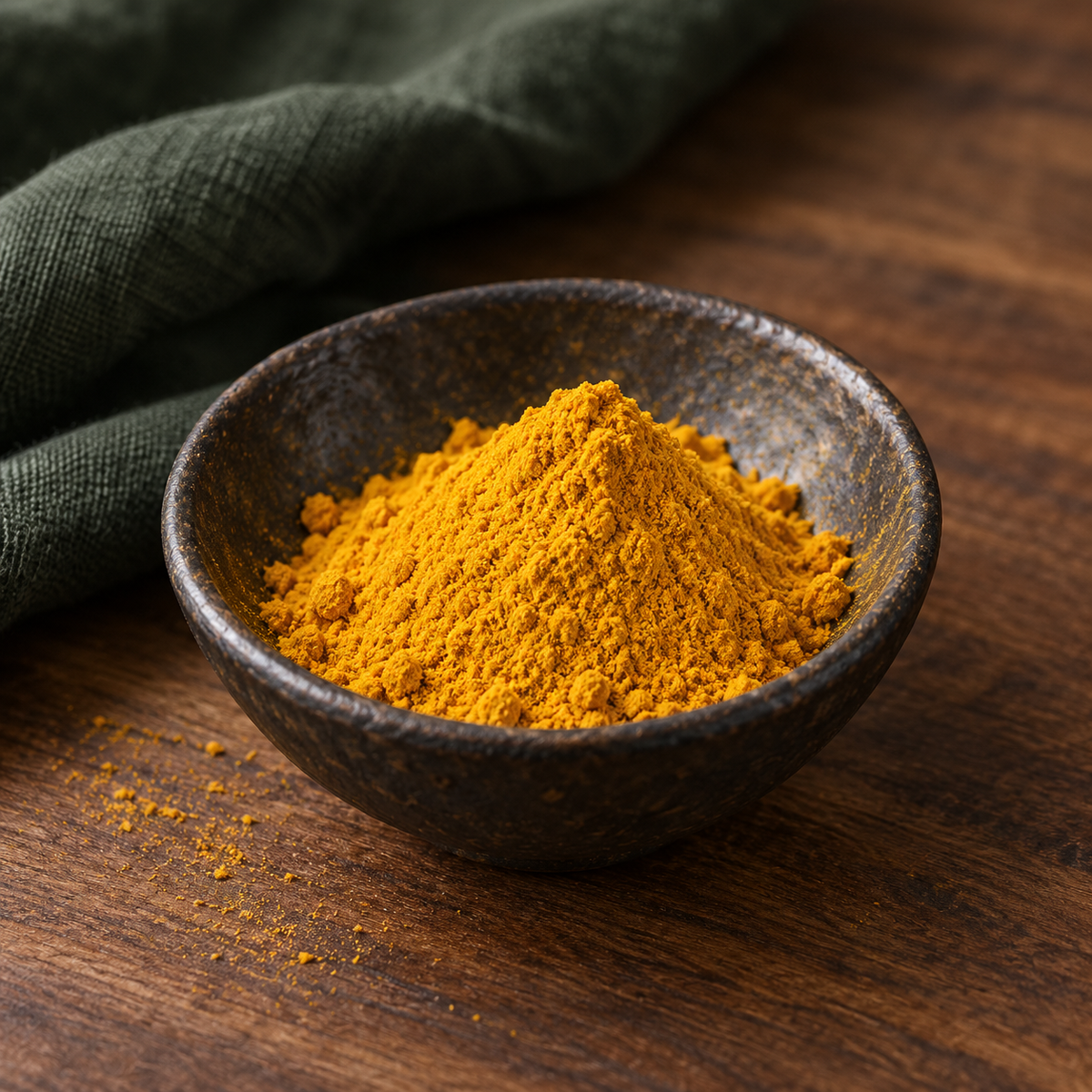 Organic turmeric powder in a ceramic bowl