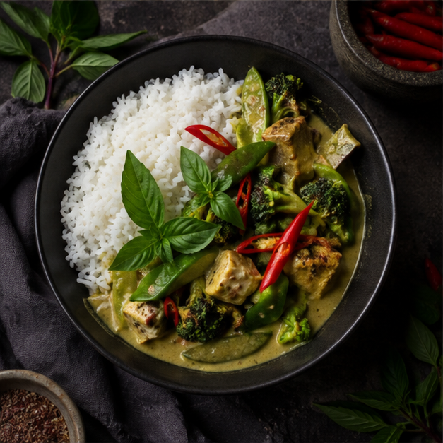 Organic jasmine rice curry serving