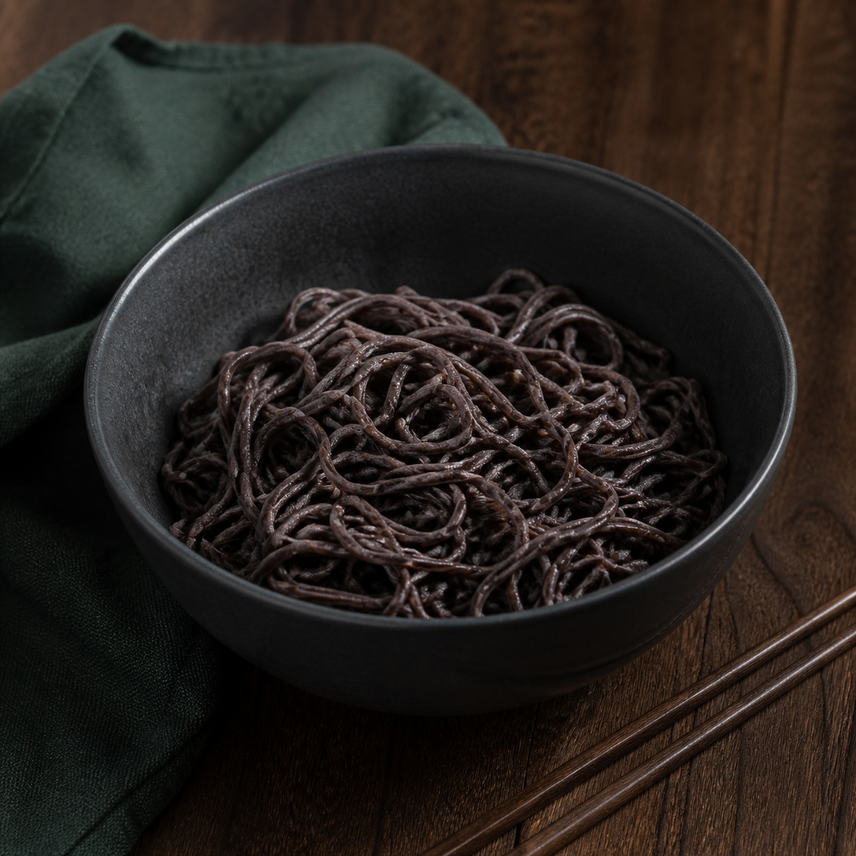Cooked organic black rice noodles in a dark bowl