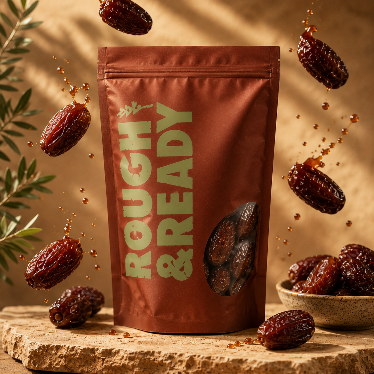 Bag of Rough & Ready dates with dates falling around it on a wooden surface.