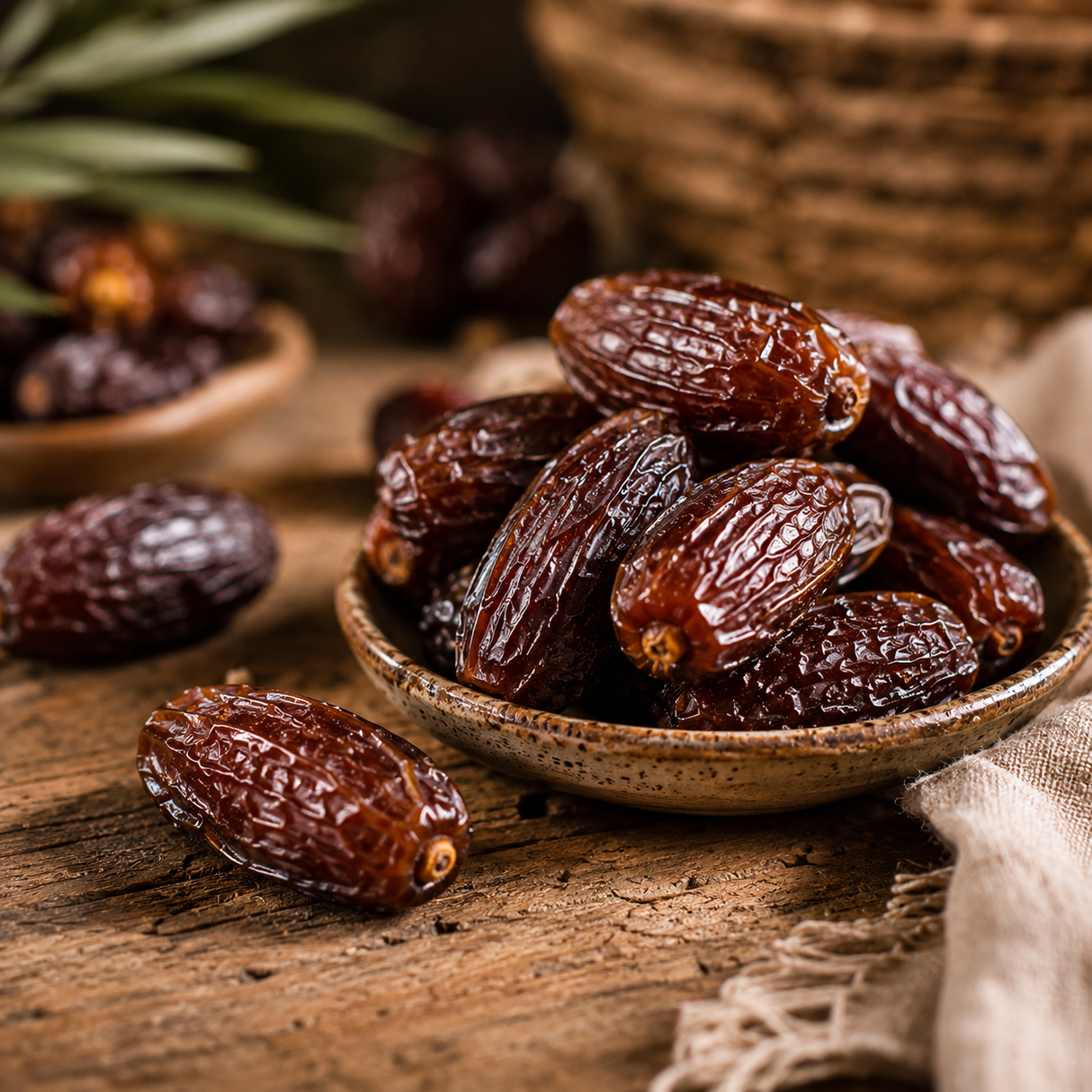 Dried dates in a rustic setting with a wooden surface and woven basket.