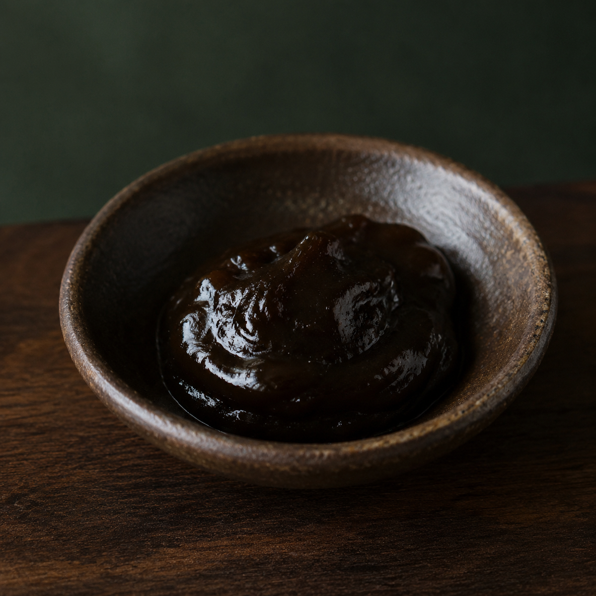 Yeast extract in a small dark ceramic bowl