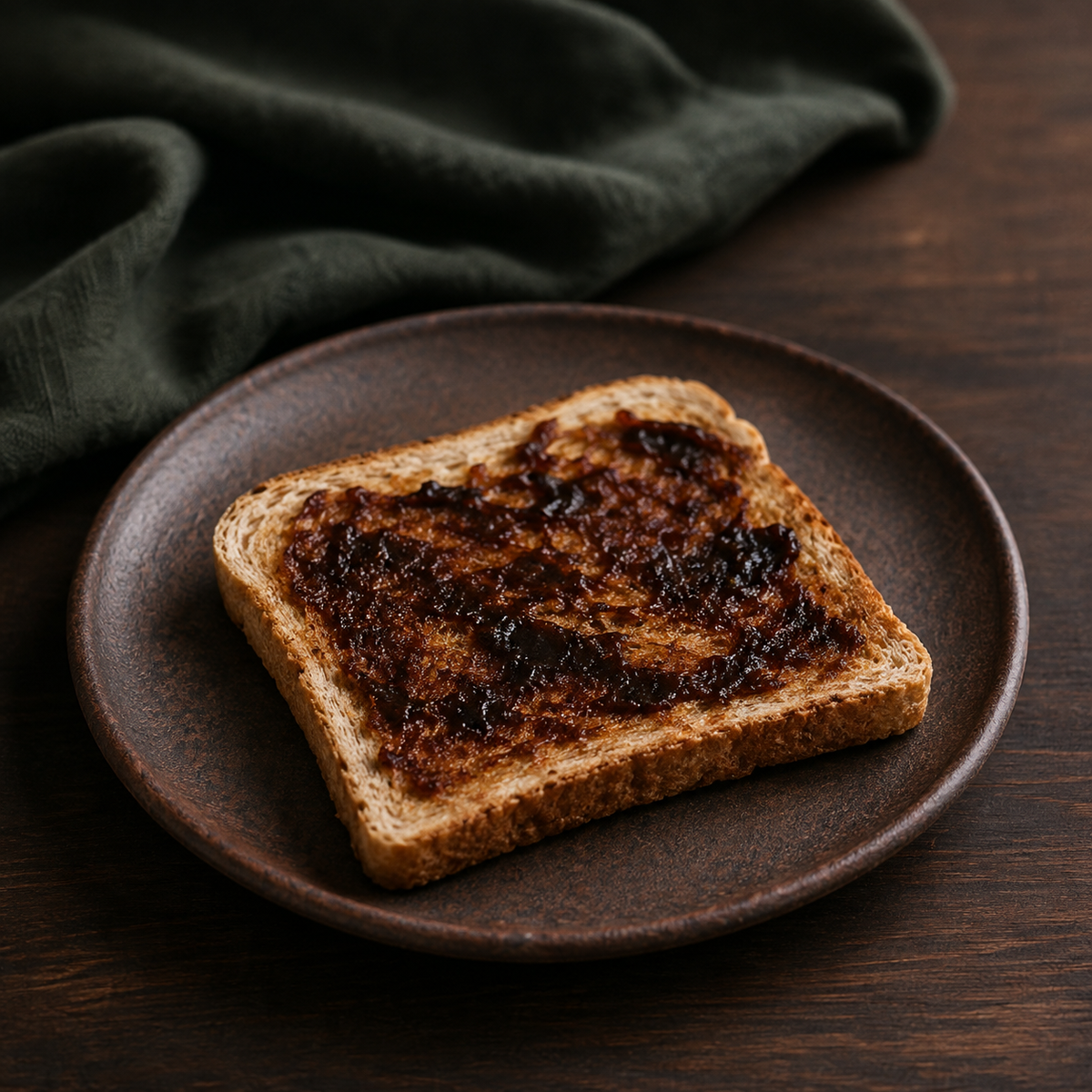 A thin layer of yeast extract on toast
